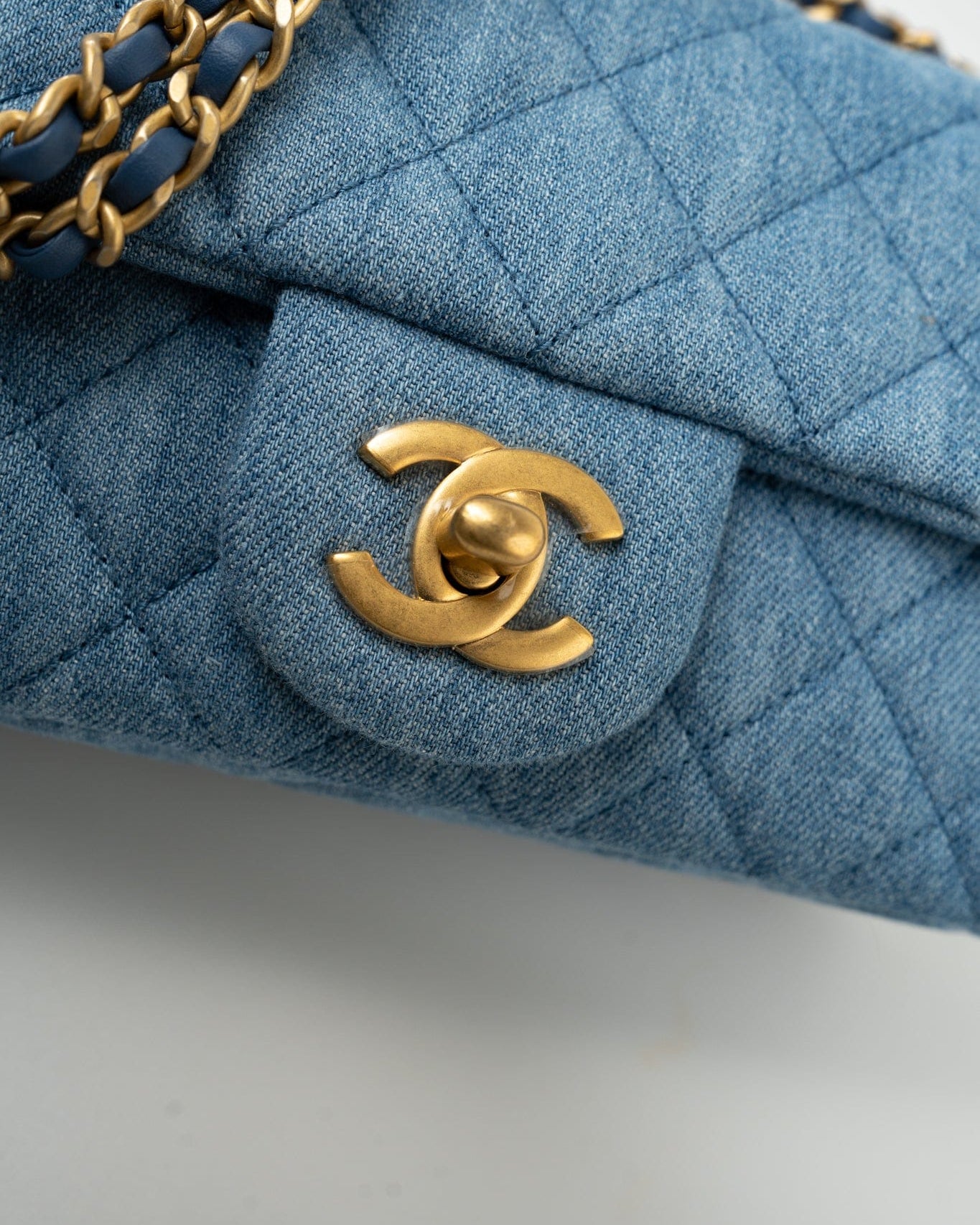 CHANEL Handbag 22C Blue Denim Pearl Crush Mini Rectangular Flap AGHW - Redeluxe