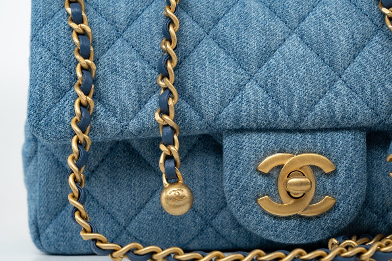 CHANEL Handbag 22C Blue Denim Pearl Crush Mini Rectangular Flap AGHW - Redeluxe
