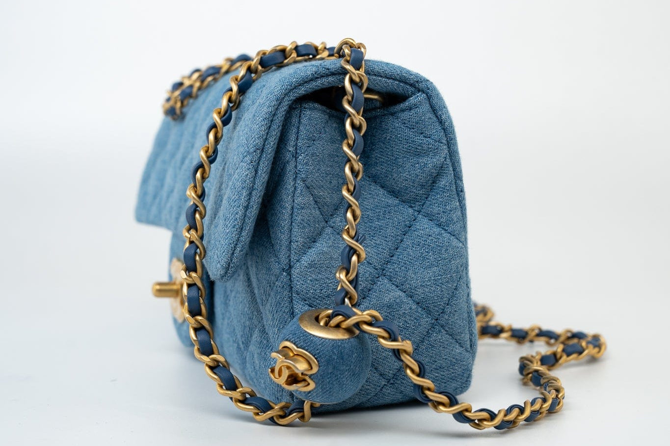CHANEL Handbag 22C Blue Denim Pearl Crush Mini Rectangular Flap AGHW - Redeluxe