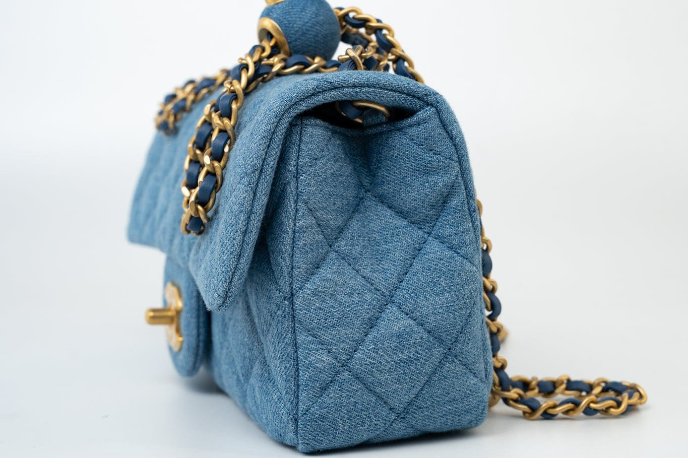 CHANEL Handbag 22C Blue Denim Pearl Crush Mini Rectangular Flap AGHW - Redeluxe