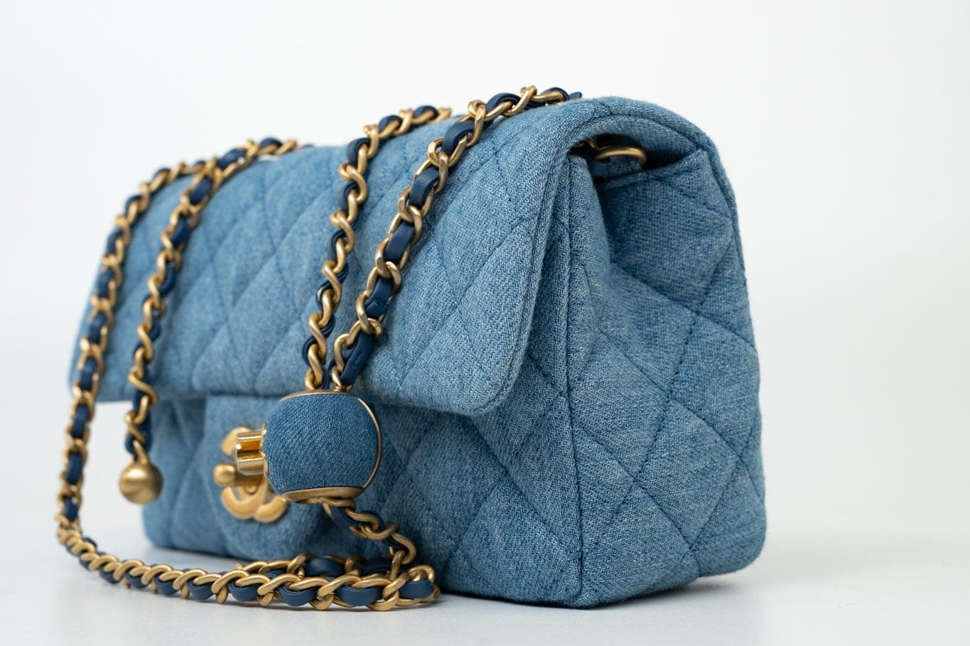 CHANEL Handbag 22C Blue Denim Pearl Crush Mini Rectangular Flap AGHW - Redeluxe
