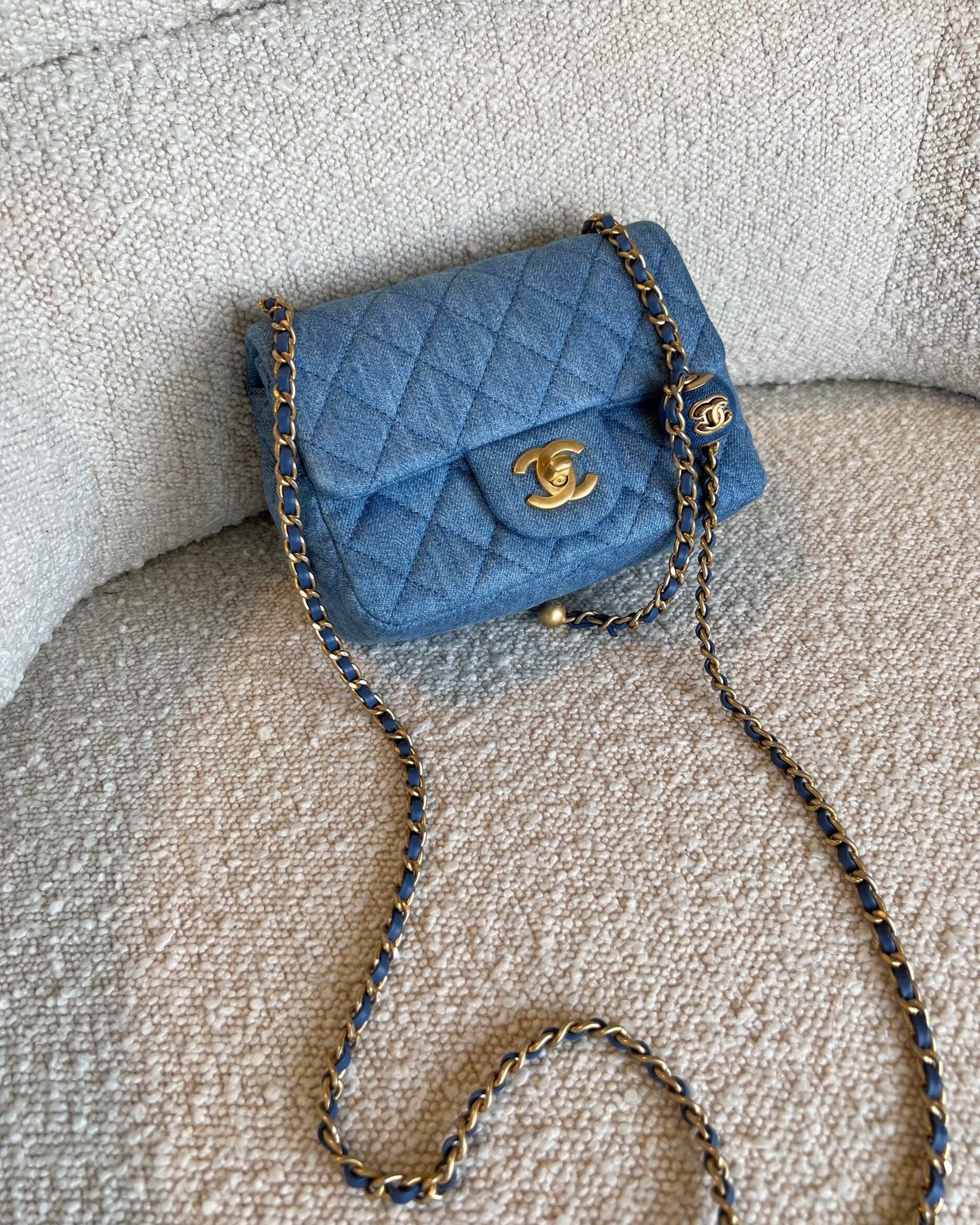 CHANEL Handbag 22C Blue Denim Pearl Crush Square Mini Flap AGHW - Redeluxe