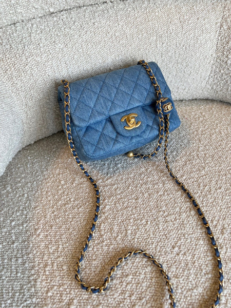 22C Blue Denim Pearl Crush Square Mini Flap AGHW – REDELUXE