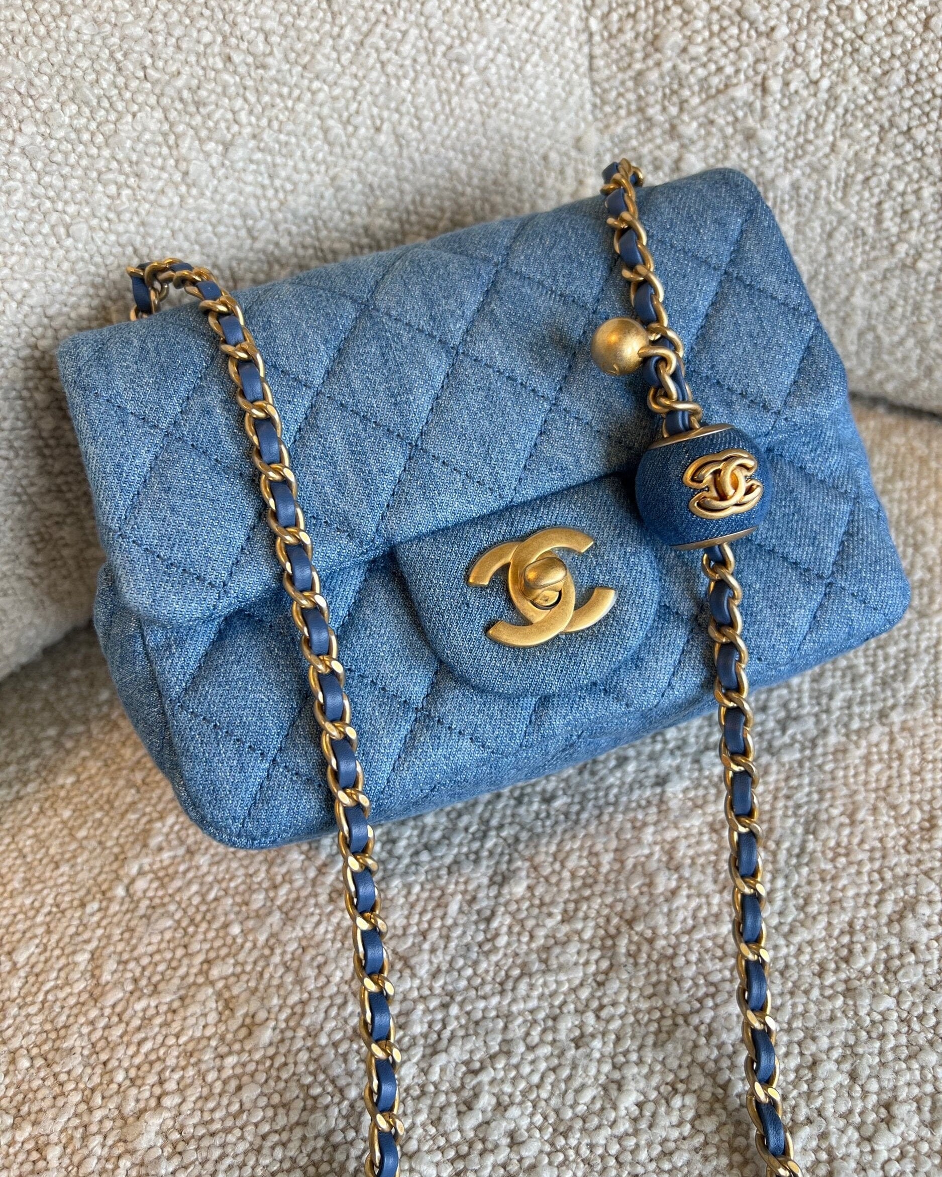 CHANEL Handbag 22C Blue Denim Pearl Crush Square Mini Flap AGHW - Redeluxe