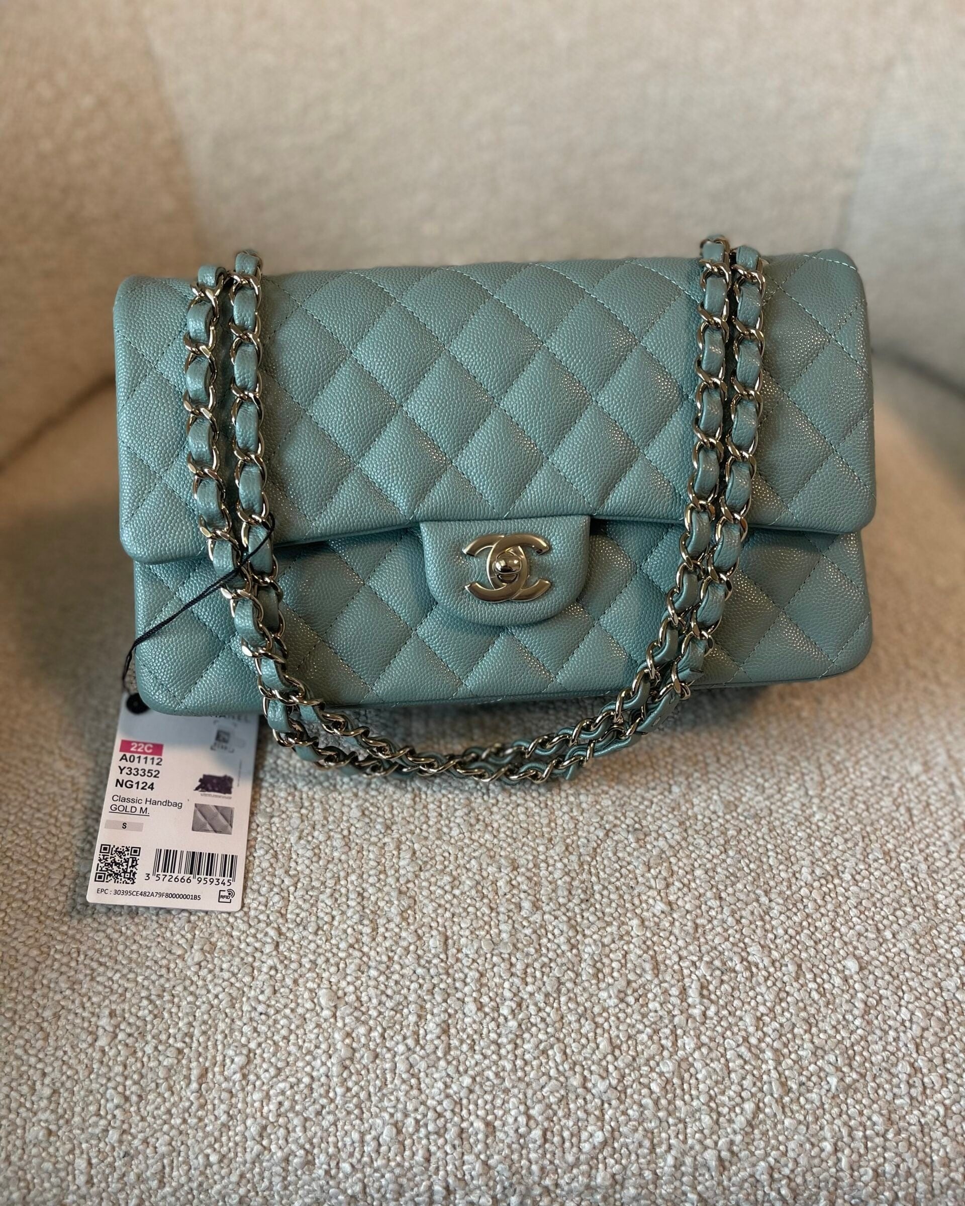 CHANEL Handbag 22C Dark Green Caviar Classic Flap Quilted Medium LGHW - Redeluxe