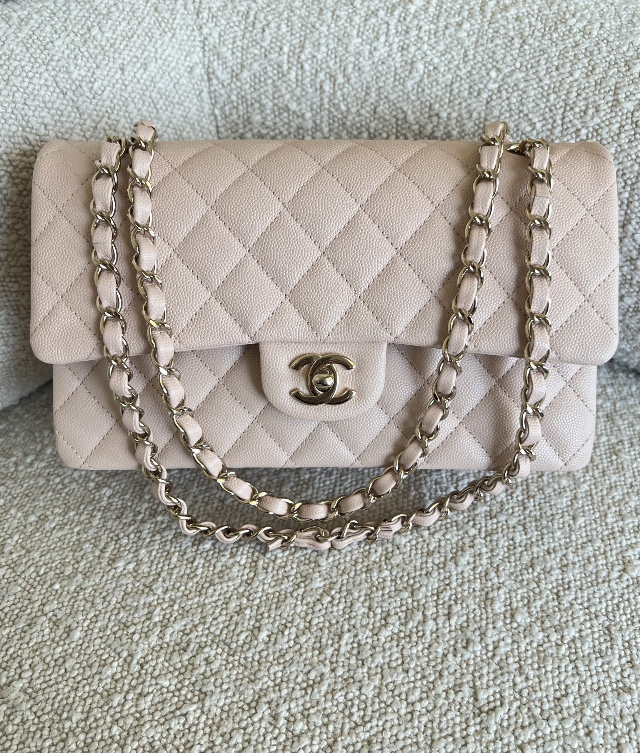 CHANEL Handbag 22C Light Beige Caviar Quilted Classic Flap Medium LGHW - Redeluxe