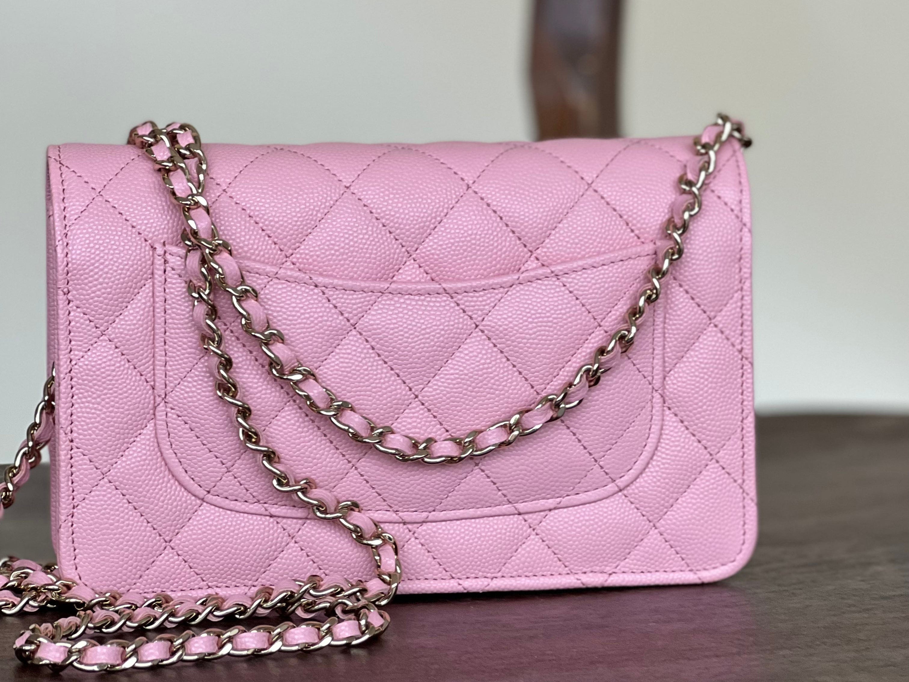 Chanel Handbag 22C LIGHT PINK CAVIAR QUILTED WALLET ON CHAIN LGHW (WOC) - Redeluxe