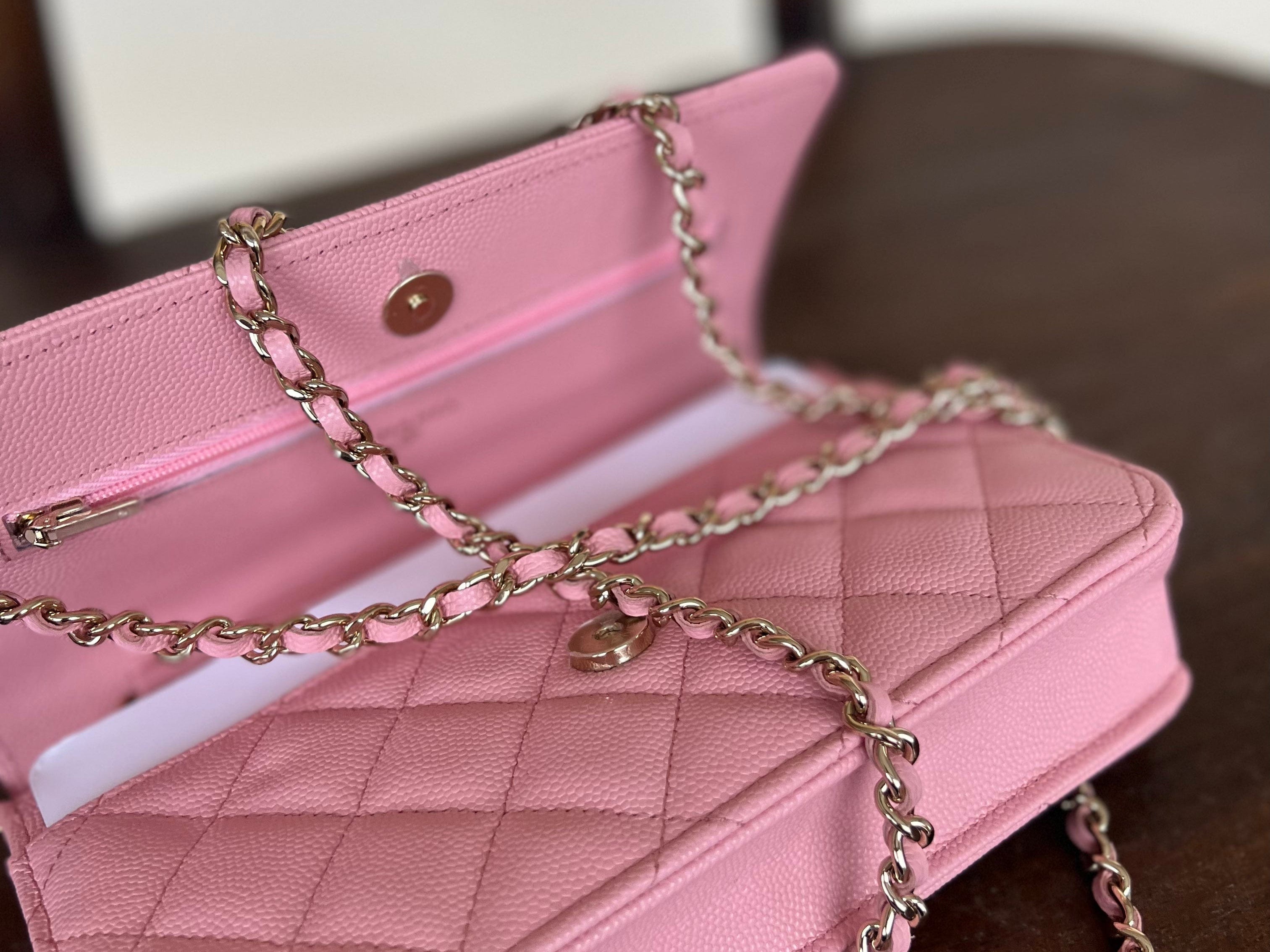 Chanel Handbag 22C LIGHT PINK CAVIAR QUILTED WALLET ON CHAIN LGHW (WOC) - Redeluxe