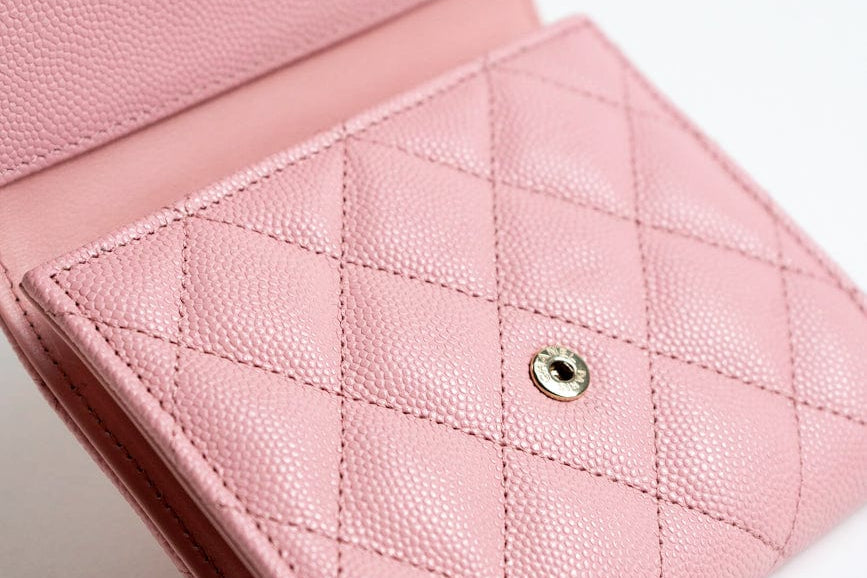 CHANEL Handbag 22C Pink Caviar Quilted Flap Wallet Light Gold Hardware - Redeluxe
