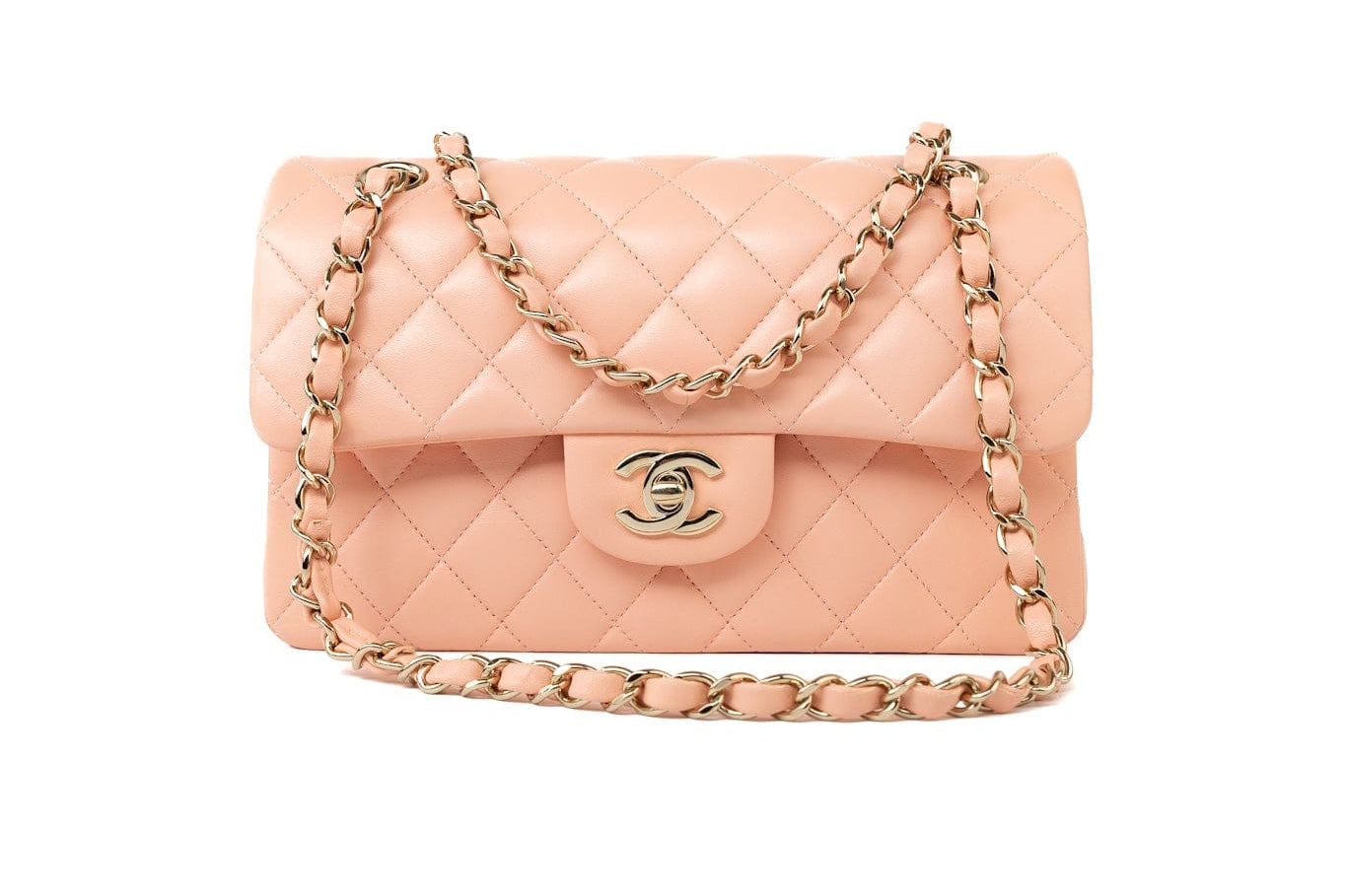 CHANEL Handbag 22C Rose Clair Pink/ Beige Lambskin Quilted Small Double Flap Light Gold Hardware - Redeluxe