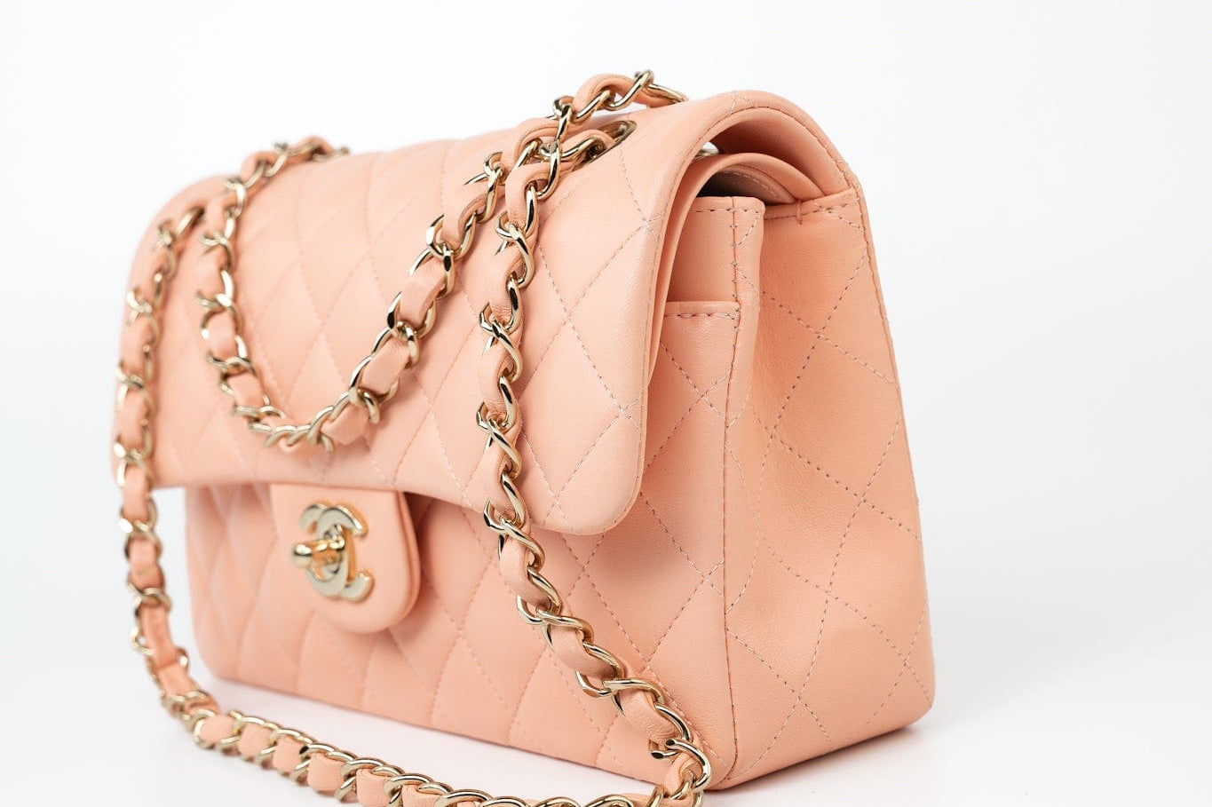 CHANEL Handbag 22C Rose Clair Pink/ Beige Lambskin Quilted Small Double Flap Light Gold Hardware - Redeluxe