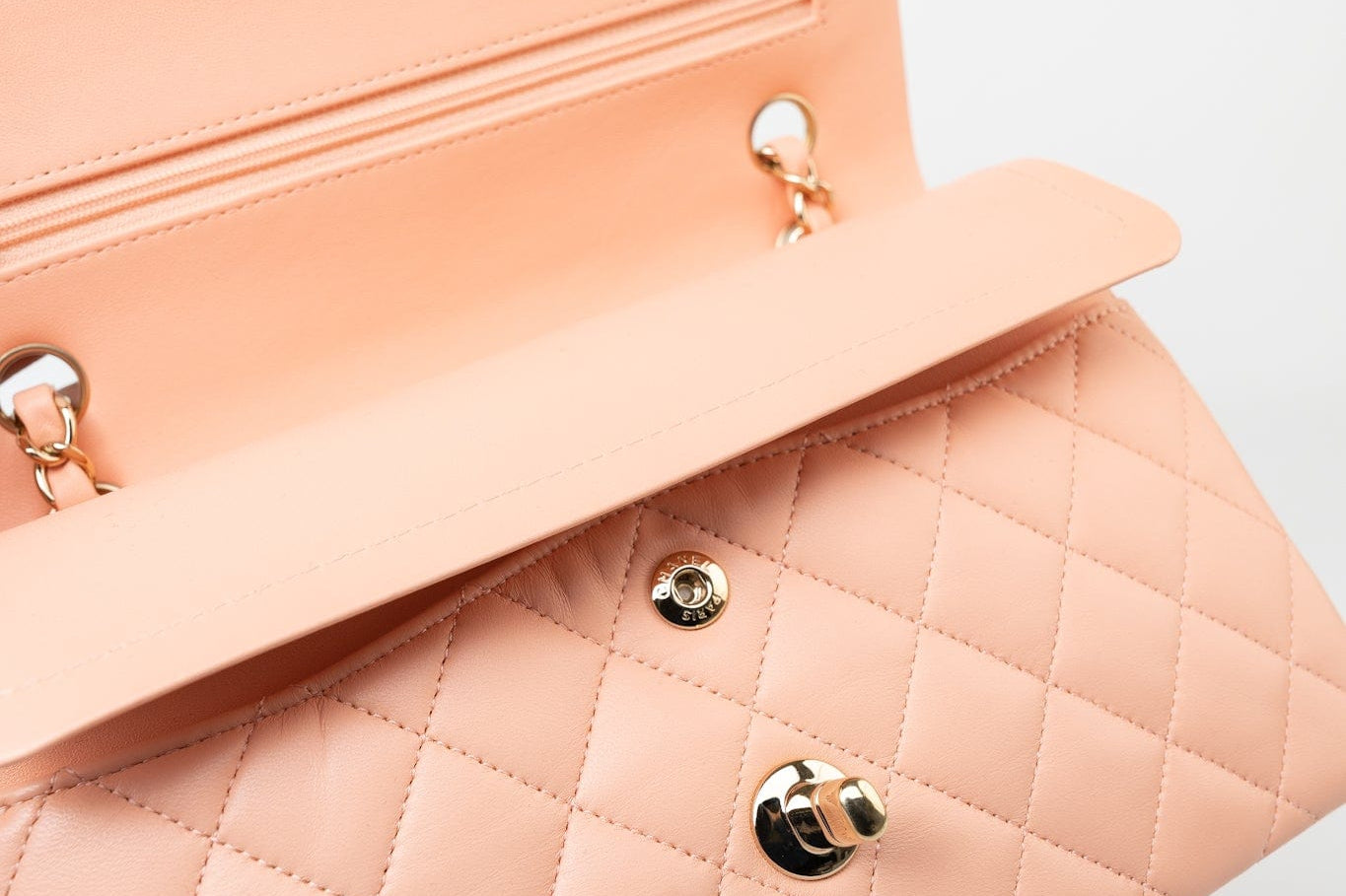 CHANEL Handbag 22C Rose Clair Pink/ Beige Lambskin Quilted Small Double Flap Light Gold Hardware - Redeluxe