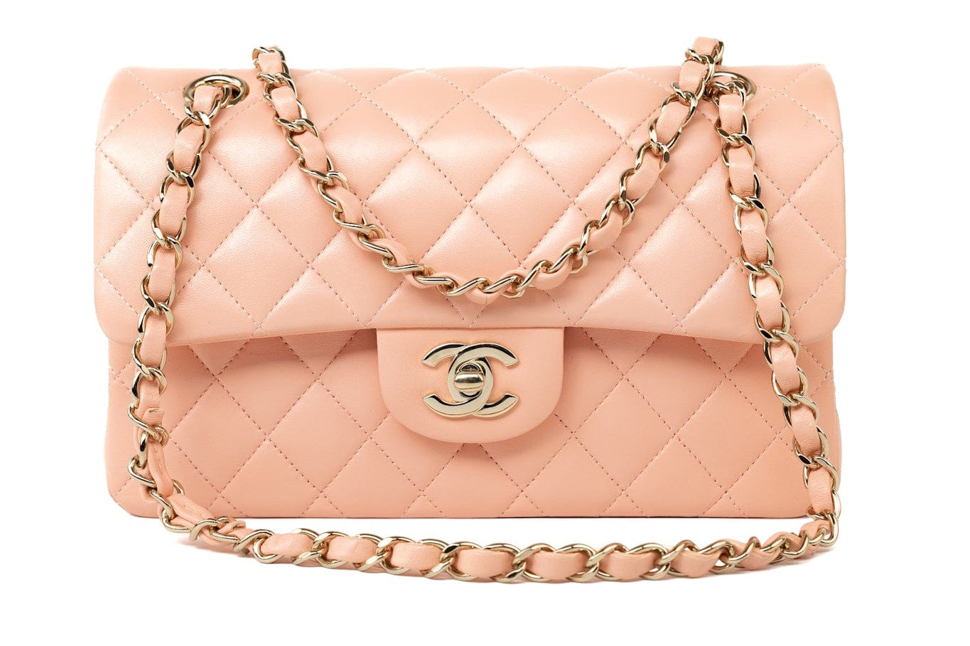 CHANEL Handbag 22C Rose Clair Pink/ Beige Lambskin Quilted Small Double Flap Light Gold Hardware - Redeluxe