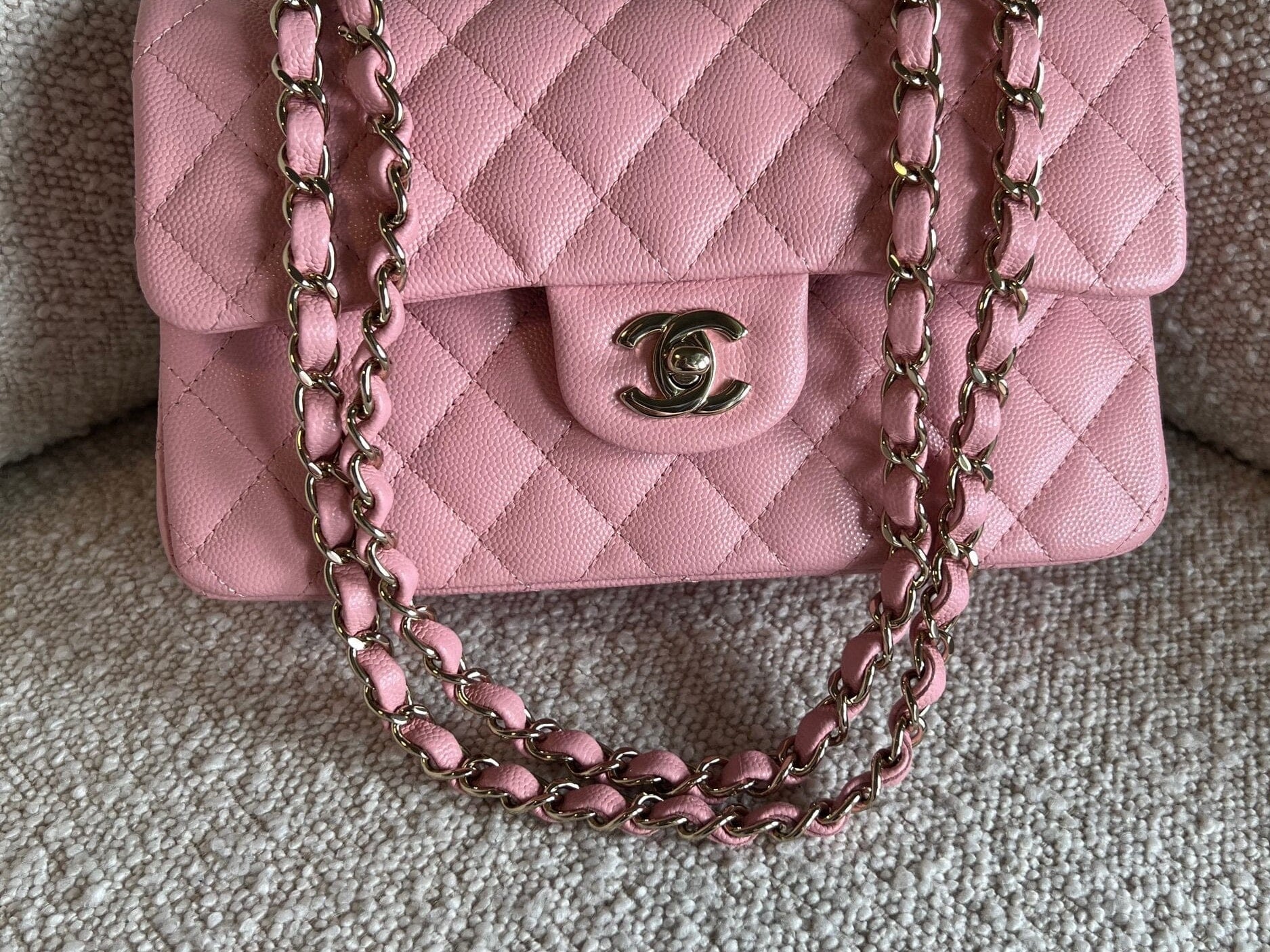CHANEL Handbag 22C Sakura Pink Caviar Quilted Classic Flap Small LGHW - Redeluxe
