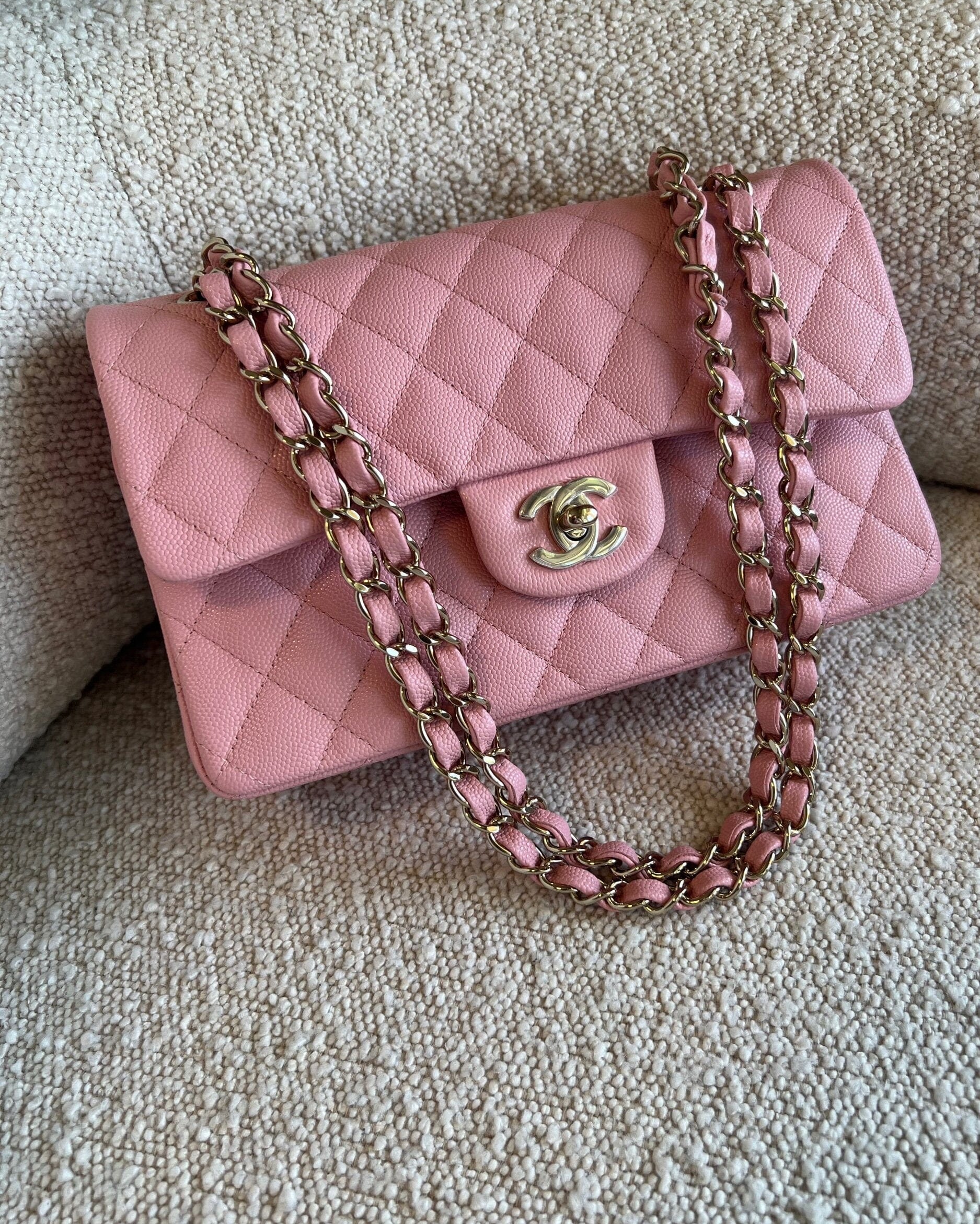 CHANEL Handbag 22C Sakura Pink Caviar Quilted Classic Flap Small LGHW - Redeluxe