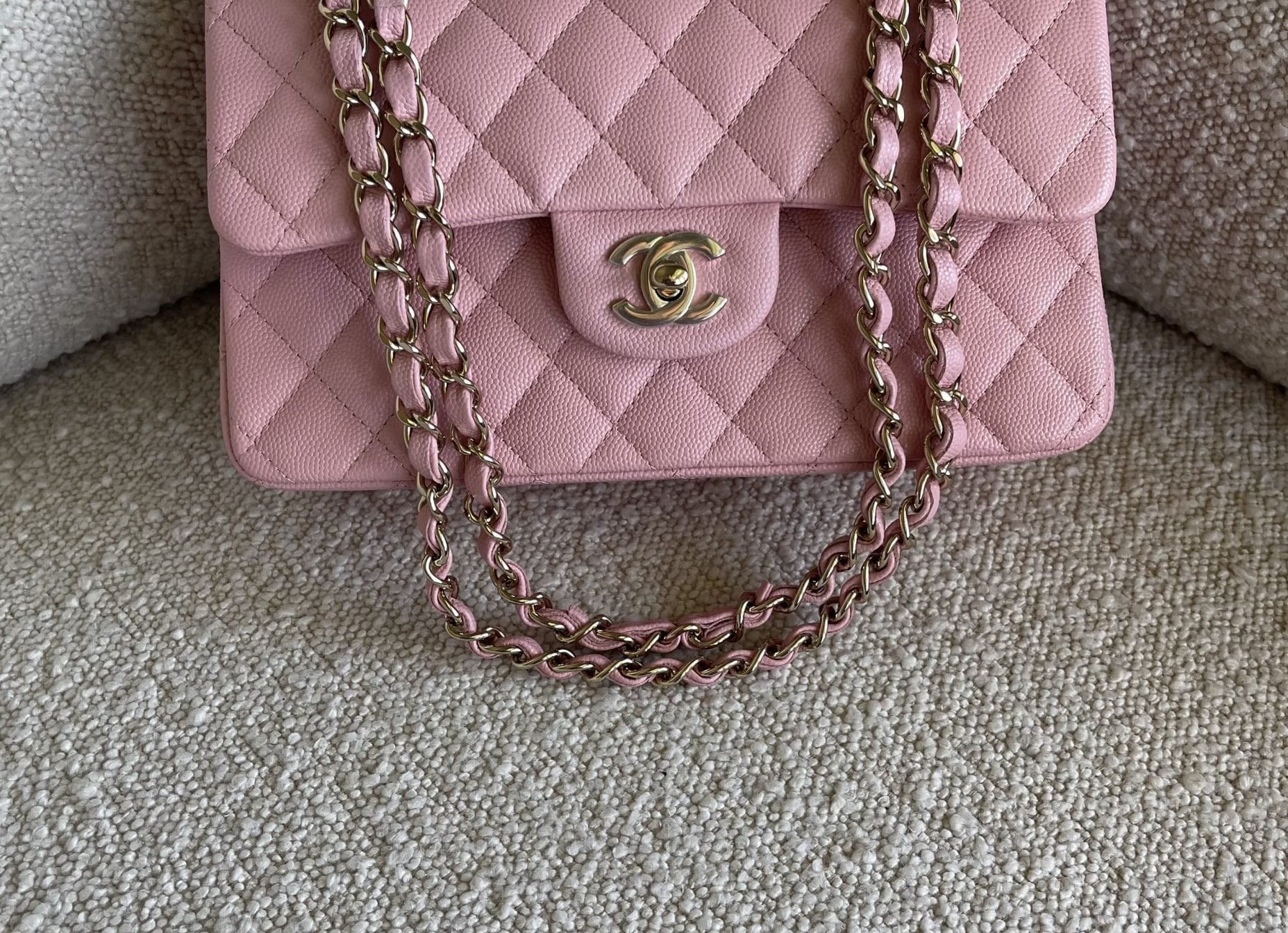 CHANEL Handbag 22C Sakura Pink Caviar Quilted Classic Flap Small LGHW - Redeluxe