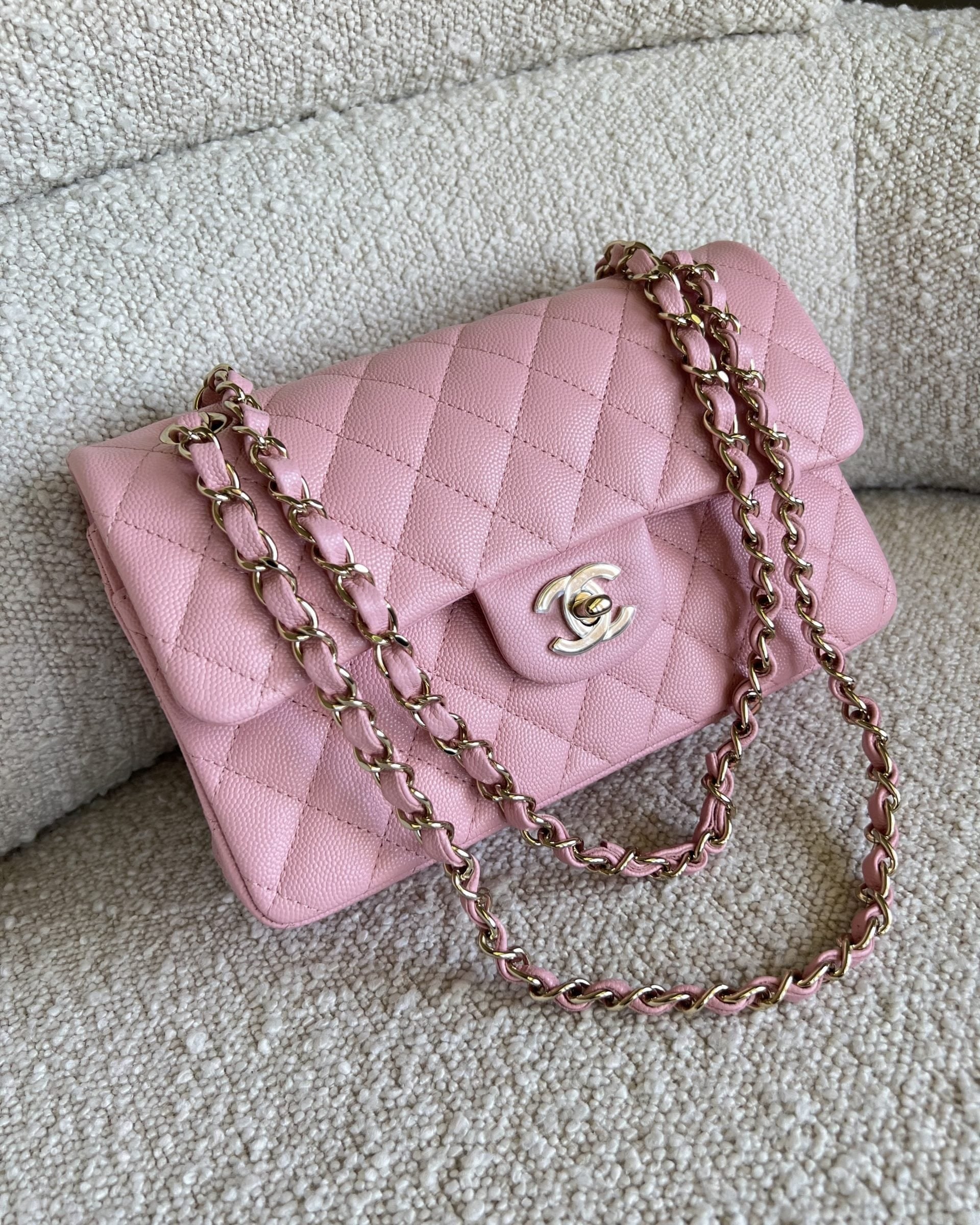 CHANEL Handbag 22C Sakura Pink Caviar Quilted Classic Flap Small LGHW - Redeluxe