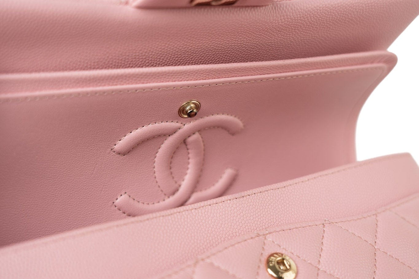 CHANEL Handbag 22C Sakura Pink Small Caviar Quilted Classic Flap Light Gold Hardware - Redeluxe