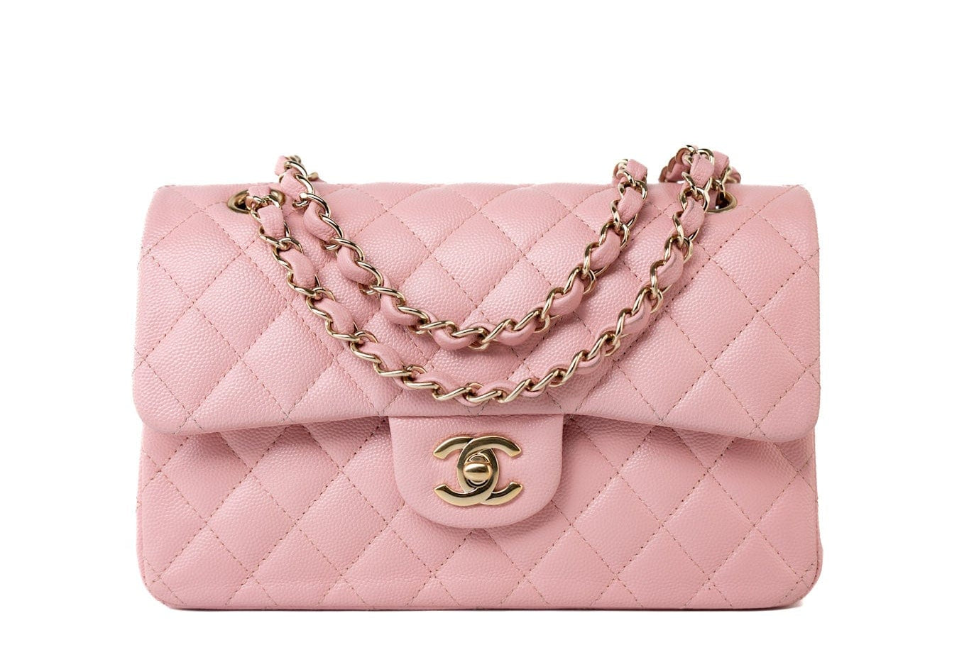 CHANEL Handbag 22C Sakura Pink Small Caviar Quilted Classic Flap Light Gold Hardware - Redeluxe