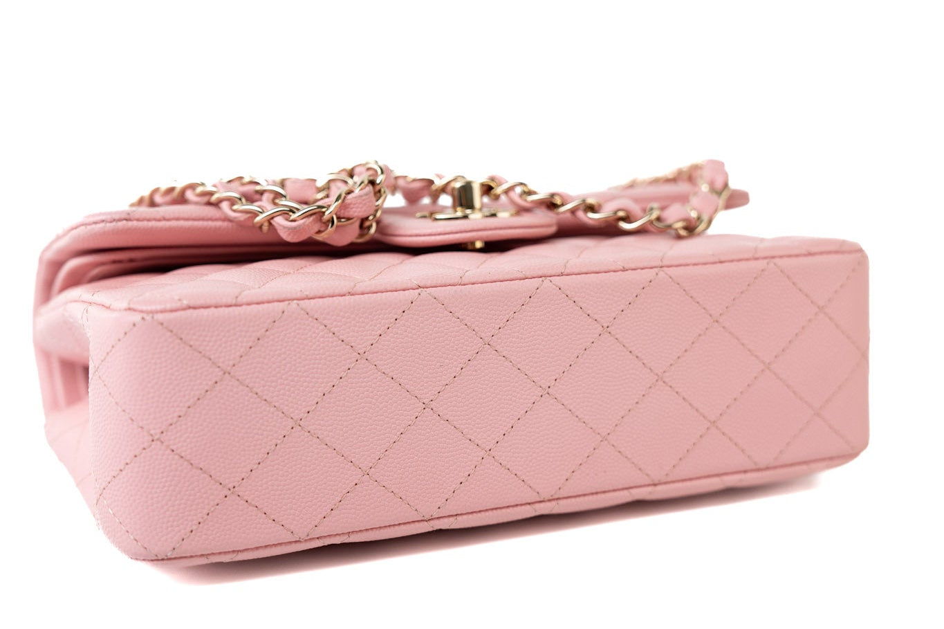 CHANEL Handbag 22C Sakura Pink Small Caviar Quilted Classic Flap Light Gold Hardware - Redeluxe
