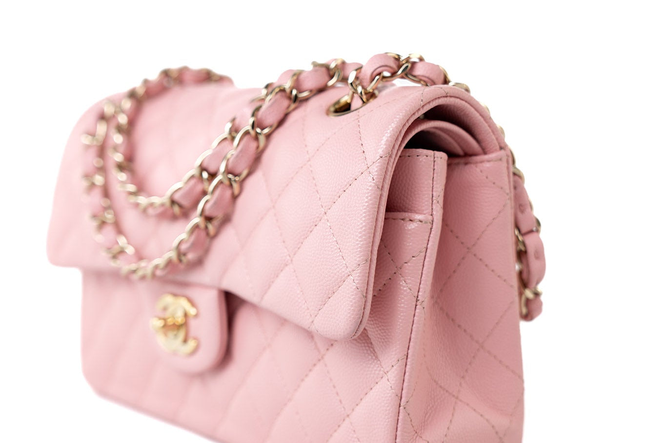 CHANEL Handbag 22C Sakura Pink Small Caviar Quilted Classic Flap Light Gold Hardware - Redeluxe