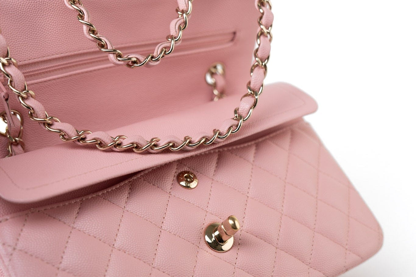 CHANEL Handbag 22C Sakura Pink Small Caviar Quilted Classic Flap Light Gold Hardware - Redeluxe
