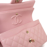 CHANEL Handbag 22C Sakura Pink Small Caviar Quilted Classic Flap Light Gold Hardware - Redeluxe