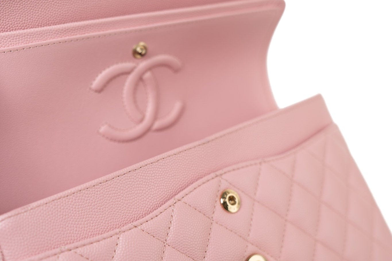 CHANEL Handbag 22C Sakura Pink Small Caviar Quilted Classic Flap Light Gold Hardware - Redeluxe