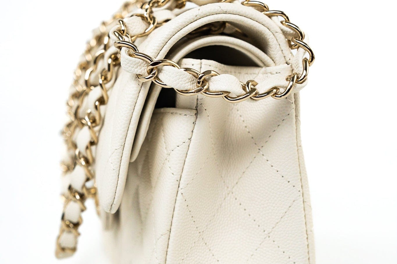 CHANEL Handbag 22C White Caviar Quilted Classic Flap Small Light Gold Hardware - Redeluxe