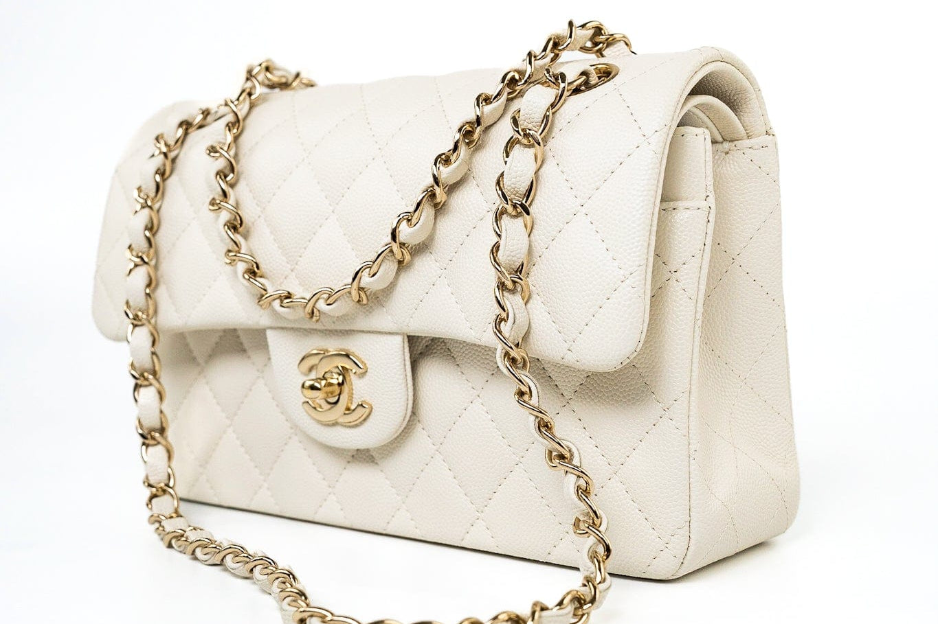 CHANEL Handbag 22C White Caviar Quilted Classic Flap Small Light Gold Hardware - Redeluxe