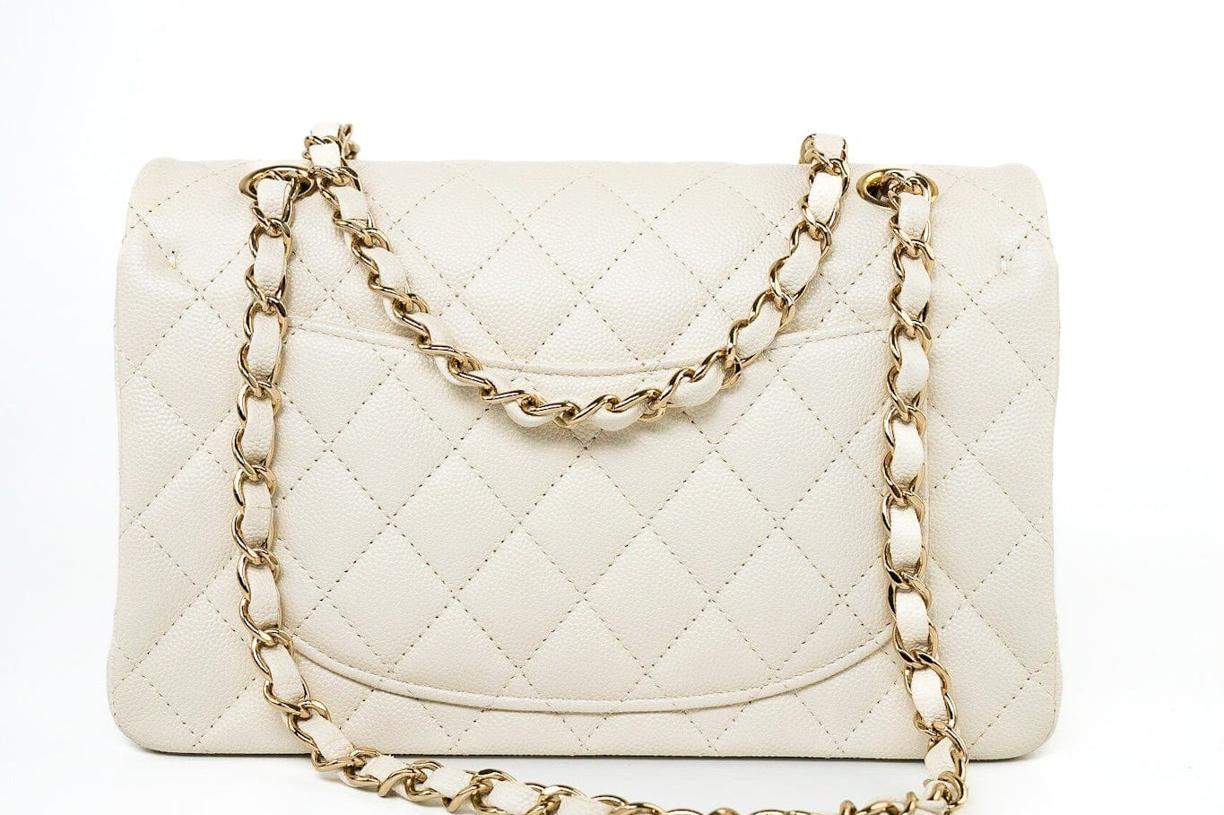 CHANEL Handbag 22C White Caviar Quilted Classic Flap Small Light Gold Hardware - Redeluxe
