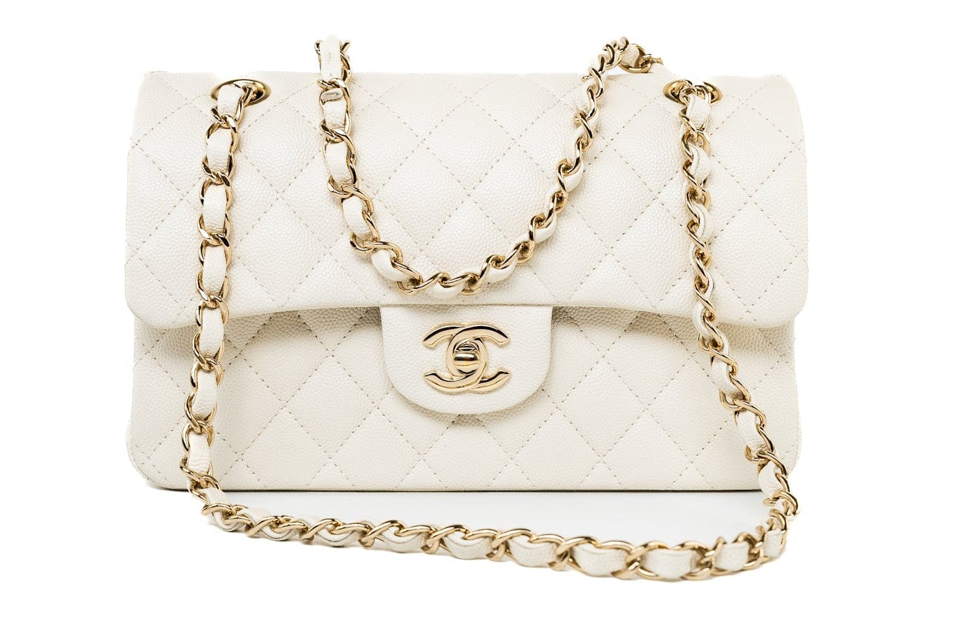 CHANEL Handbag 22C White Caviar Quilted Classic Flap Small Light Gold Hardware - Redeluxe