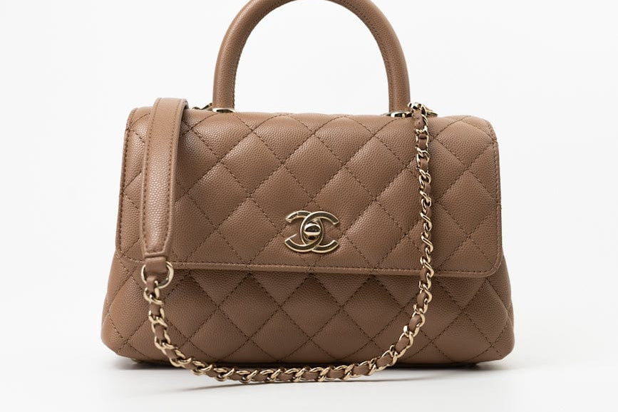 CHANEL Handbag 22K Dark Beige Caviar Quilted Coco Handle Small LGHW - Redeluxe