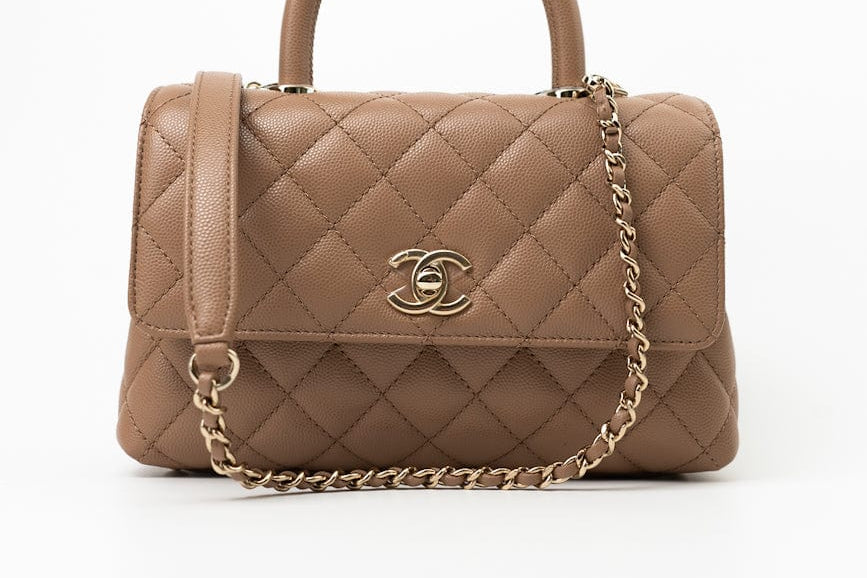 CHANEL Handbag 22K Dark Beige Caviar Quilted Coco Handle Small LGHW - Redeluxe