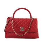 CHANEL Handbag 22K Red Caviar Quilted Coco Handle Medium (Old Small) Light Gold Hardware - Redeluxe