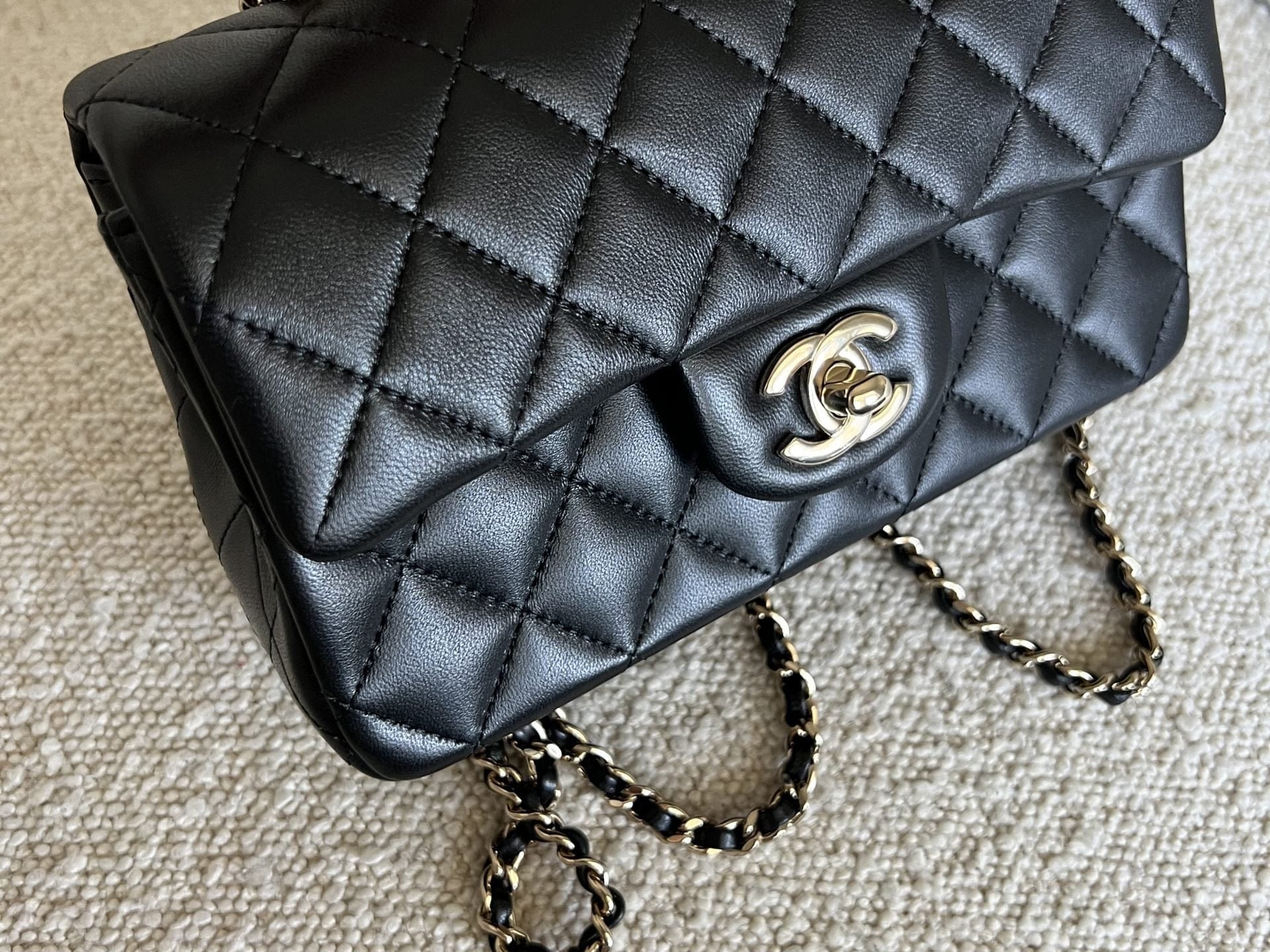 CHANEL Handbag 22P Black Lambskin Quilted Mini Top Handle LGHW - Redeluxe