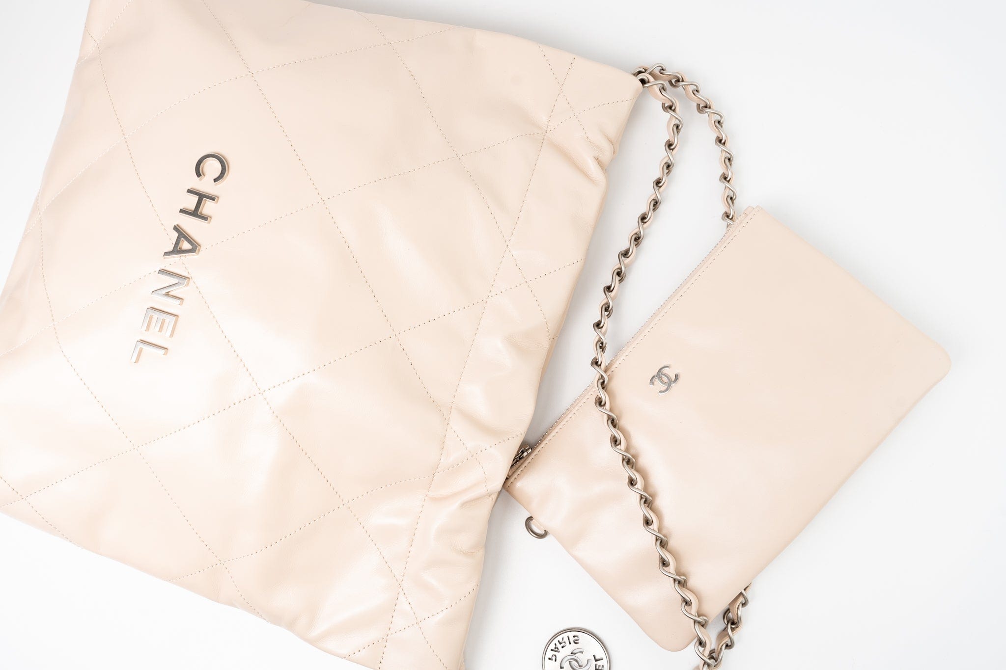 CHANEL Handbag 22P Ecru (nude) Small Calfskin Quilted 22 Bag - Redeluxe
