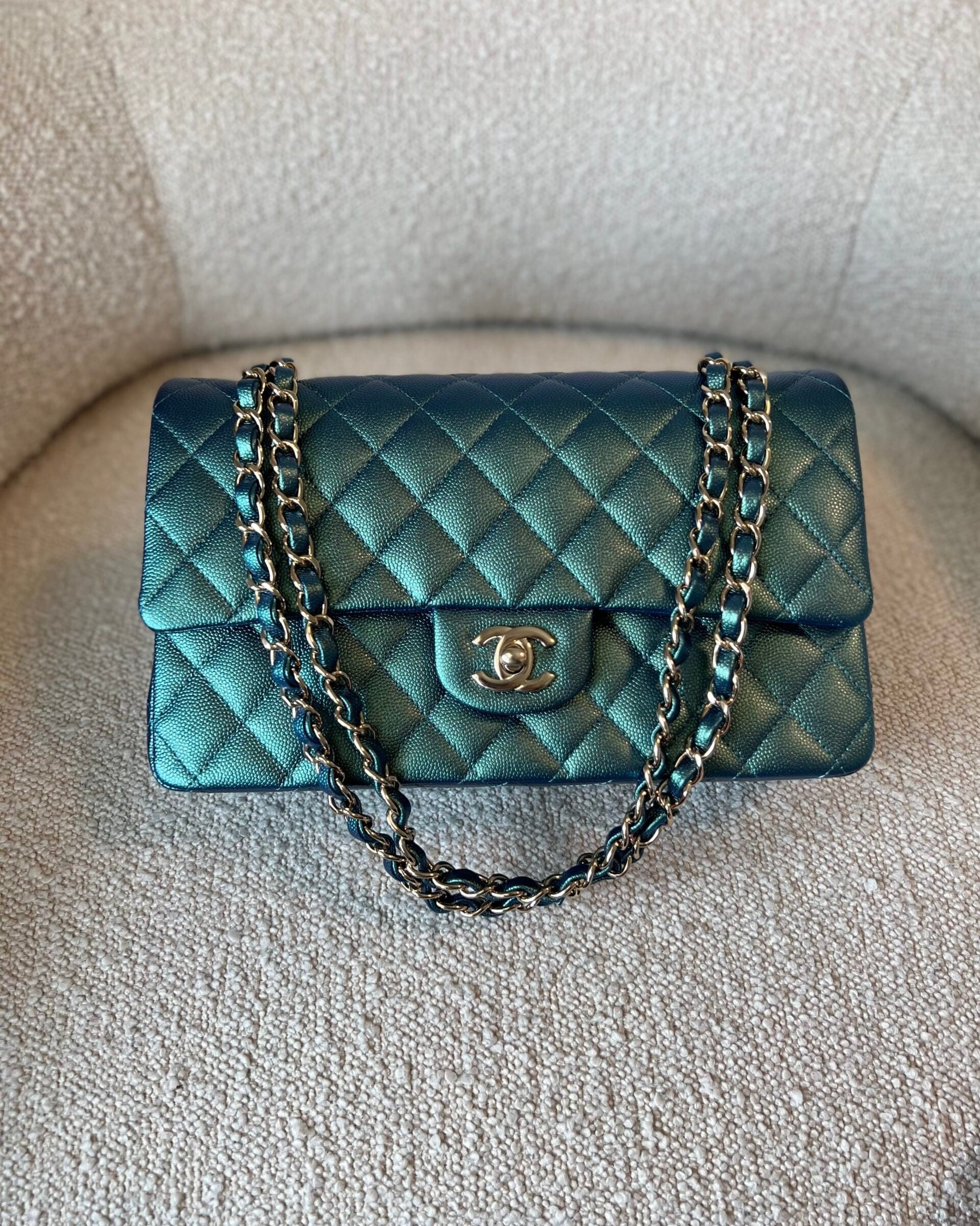CHANEL Handbag 22P Iridescent Green Caviar Quilted Classic Flap Medium Light Gold Hardware - Redeluxe