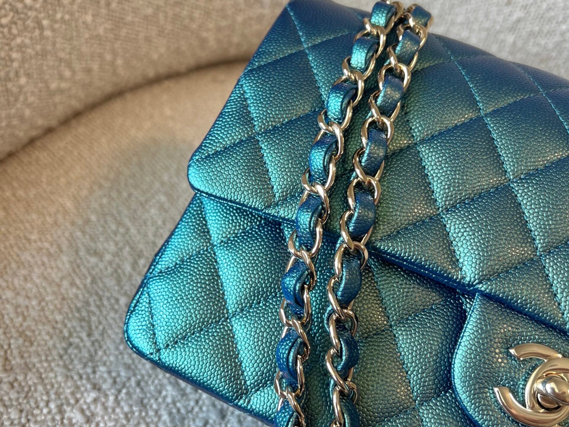 CHANEL Handbag 22P Iridescent Green Caviar Quilted Classic Flap Medium Light Gold Hardware - Redeluxe