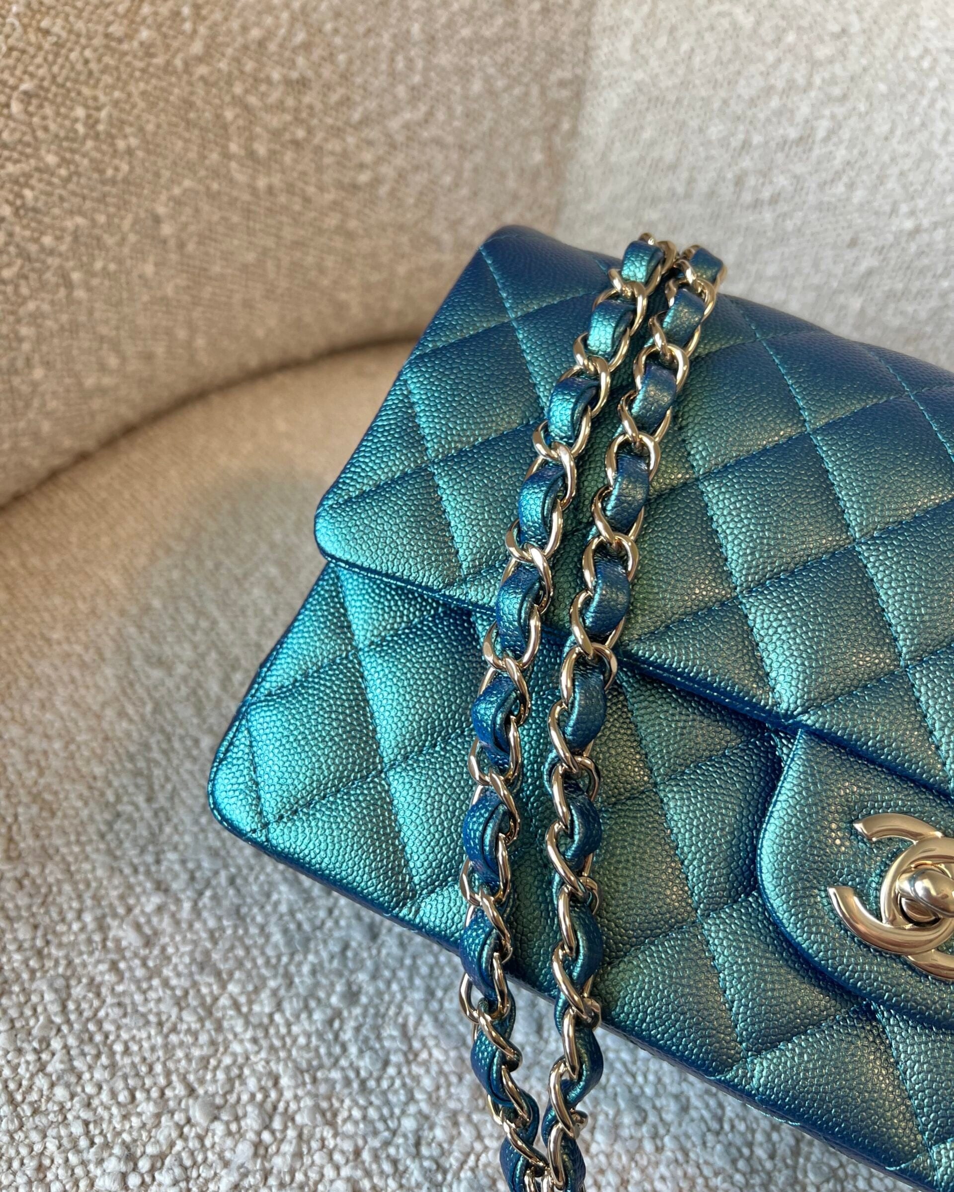 CHANEL Handbag 22P Iridescent Green Caviar Quilted Classic Flap Medium Light Gold Hardware - Redeluxe