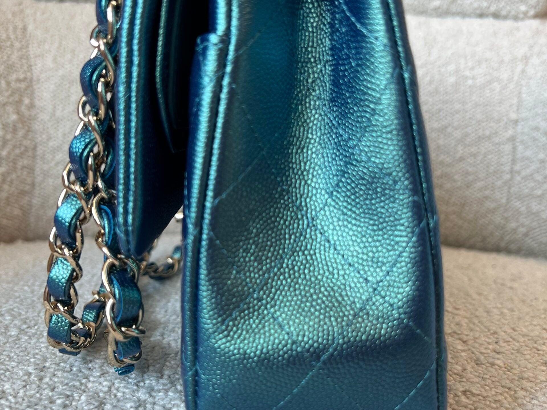 CHANEL Handbag 22P Iridescent Green Caviar Quilted Classic Flap Medium Light Gold Hardware - Redeluxe