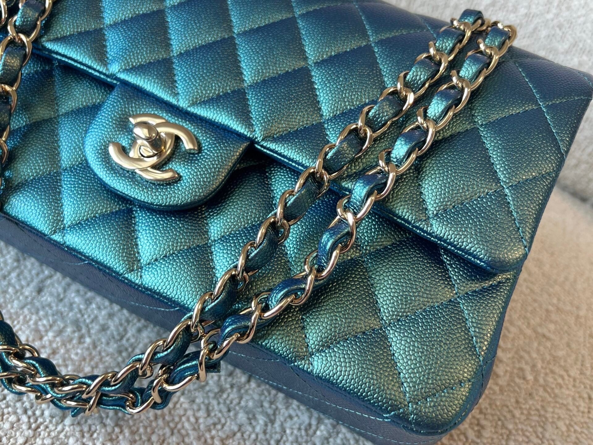CHANEL Handbag 22P Iridescent Green Caviar Quilted Classic Flap Medium Light Gold Hardware - Redeluxe