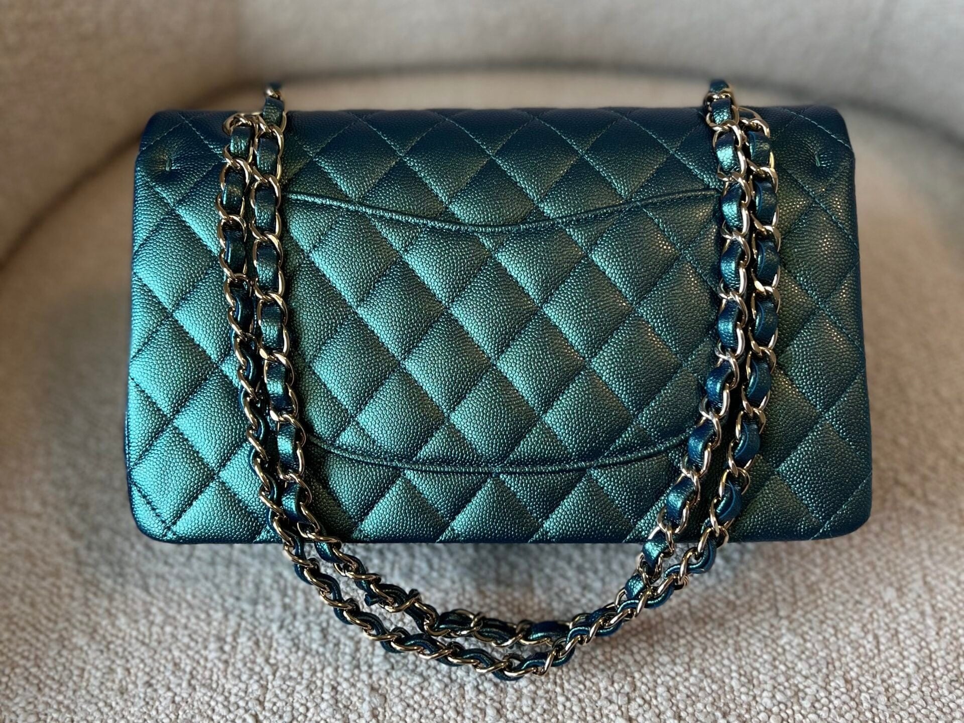 CHANEL Handbag 22P Iridescent Green Caviar Quilted Classic Flap Medium Light Gold Hardware - Redeluxe