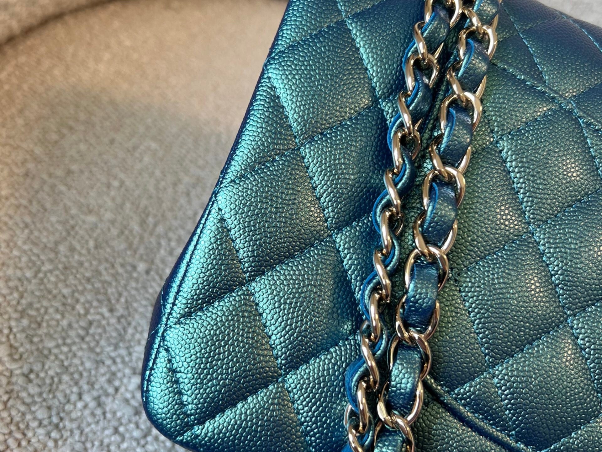 CHANEL Handbag 22P Iridescent Green Caviar Quilted Classic Flap Medium Light Gold Hardware - Redeluxe