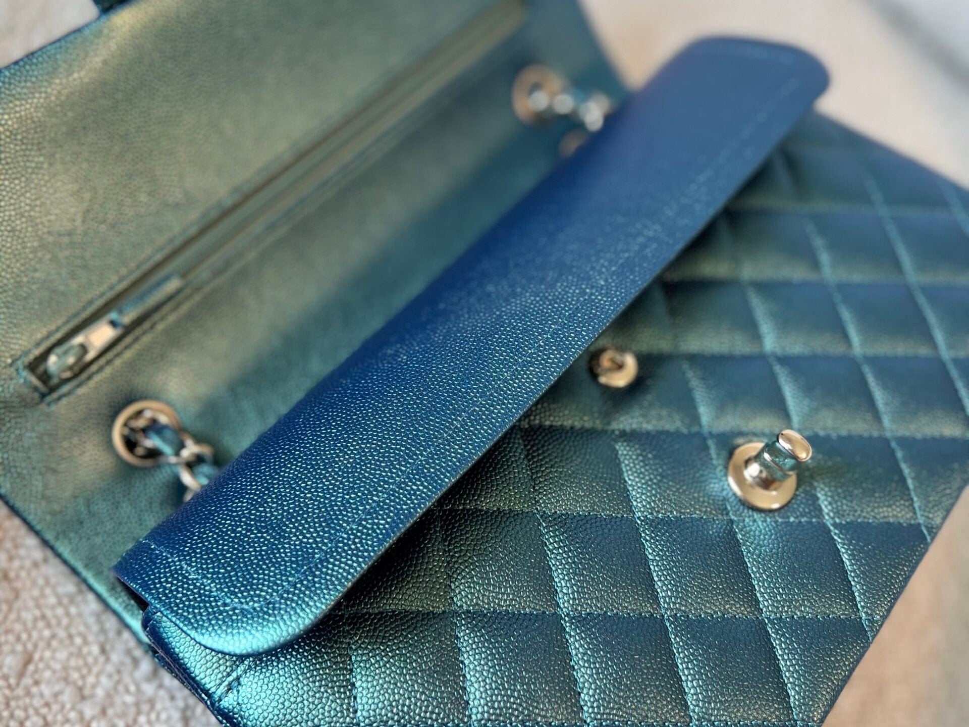 CHANEL Handbag 22P Iridescent Green Caviar Quilted Classic Flap Medium Light Gold Hardware - Redeluxe