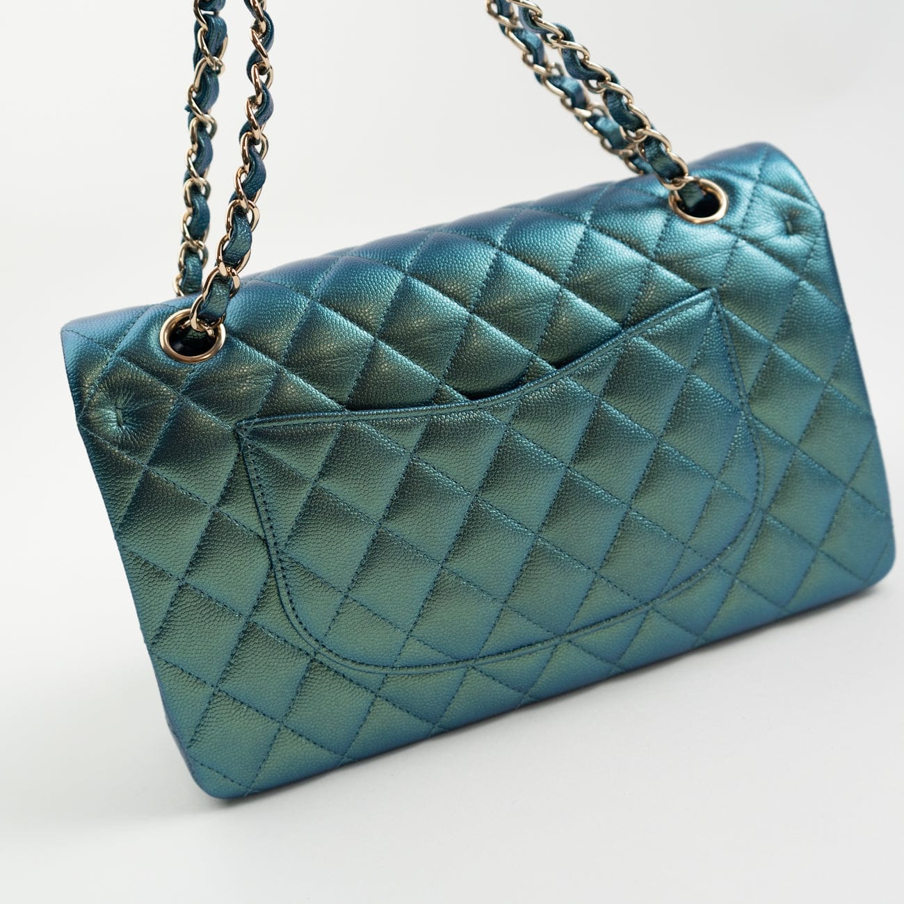 CHANEL Handbag 22P Iridescent Green Caviar Quilted Classic Flap Medium Light Gold Hardware - Redeluxe