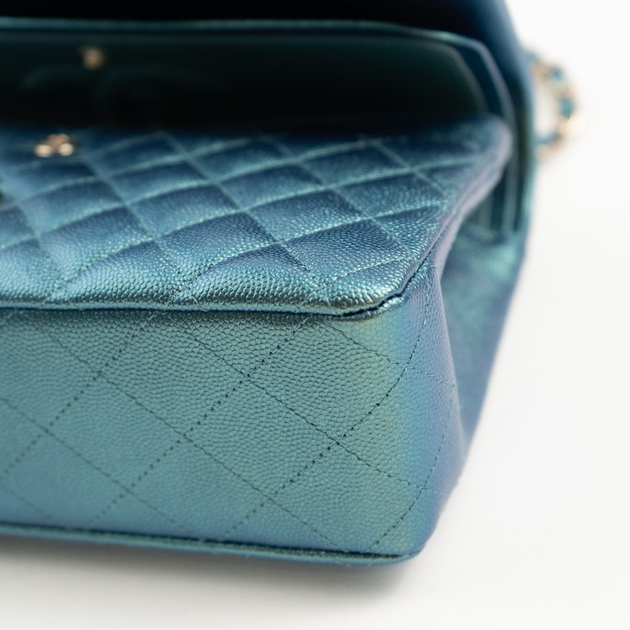 CHANEL Handbag 22P Iridescent Green Caviar Quilted Classic Flap Medium Light Gold Hardware - Redeluxe