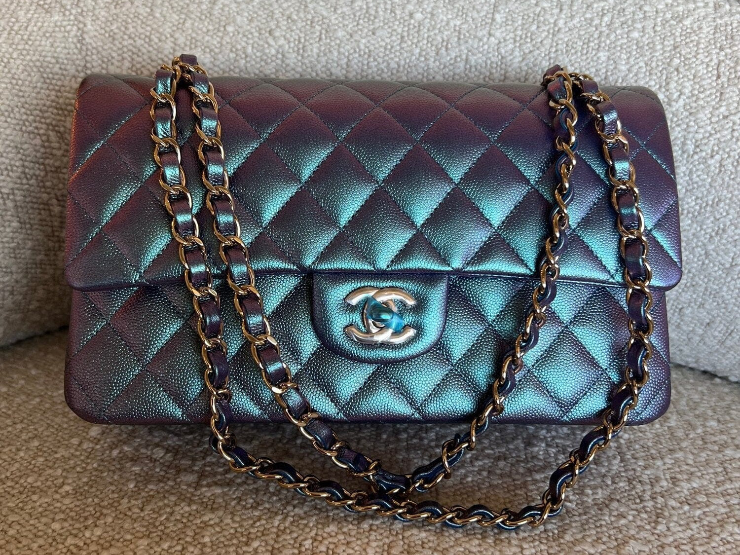 CHANEL Handbag 22P Iridescent Purple Caviar Quilted Medium Double Flap - Redeluxe