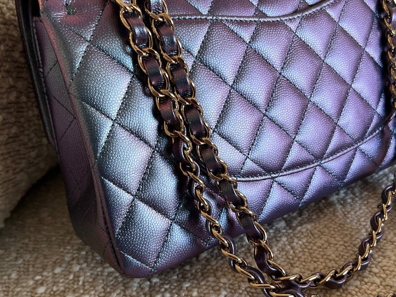CHANEL Handbag 22P Iridescent Purple Caviar Quilted Medium Double Flap - Redeluxe
