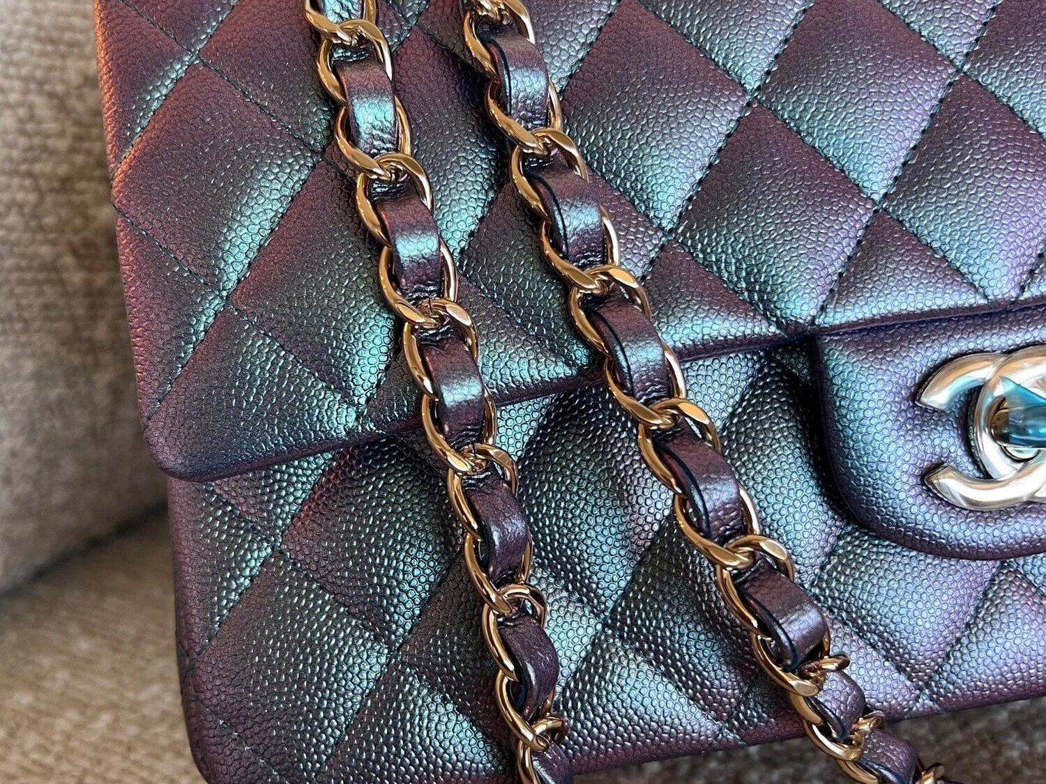 CHANEL Handbag 22P Iridescent Purple Caviar Quilted Medium Double Flap - Redeluxe